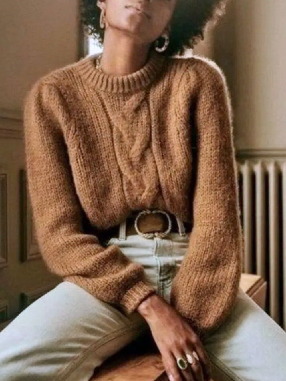 EUC Sezane Serena Mohair Blend Cable Knit Puff Sleeve Sweater Brown XS